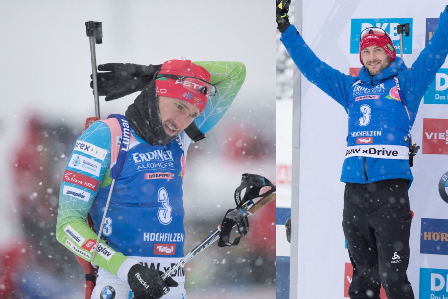 Biathlete celebrating and preparing